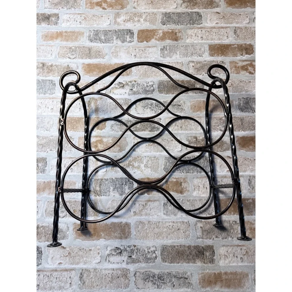 Wrought Iron 6 Bottle Wine Rack Countertop Scrollwork‎ Bronze Metal Wine Holder